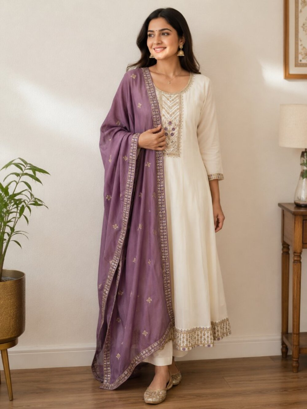 Elegant Cream & Lavender Embroidered Anarkali Suit Set